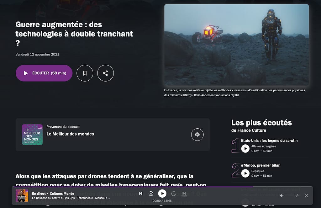 Capture d'écran du site de France culture. Lien vers une source complémentaire pour aller plus loin sur les thématiques Technologiques et guerres développées dans l'article.
