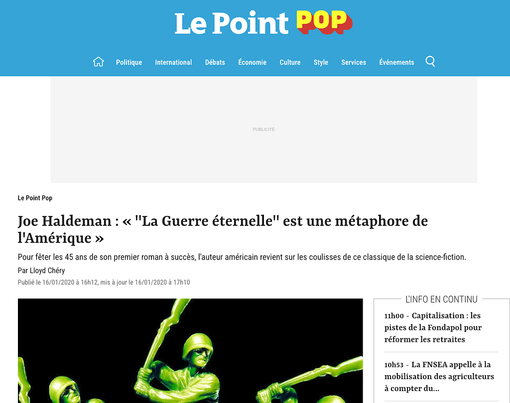 Capture d'écran du site "Le point Pop". Lien vers une source de l'article