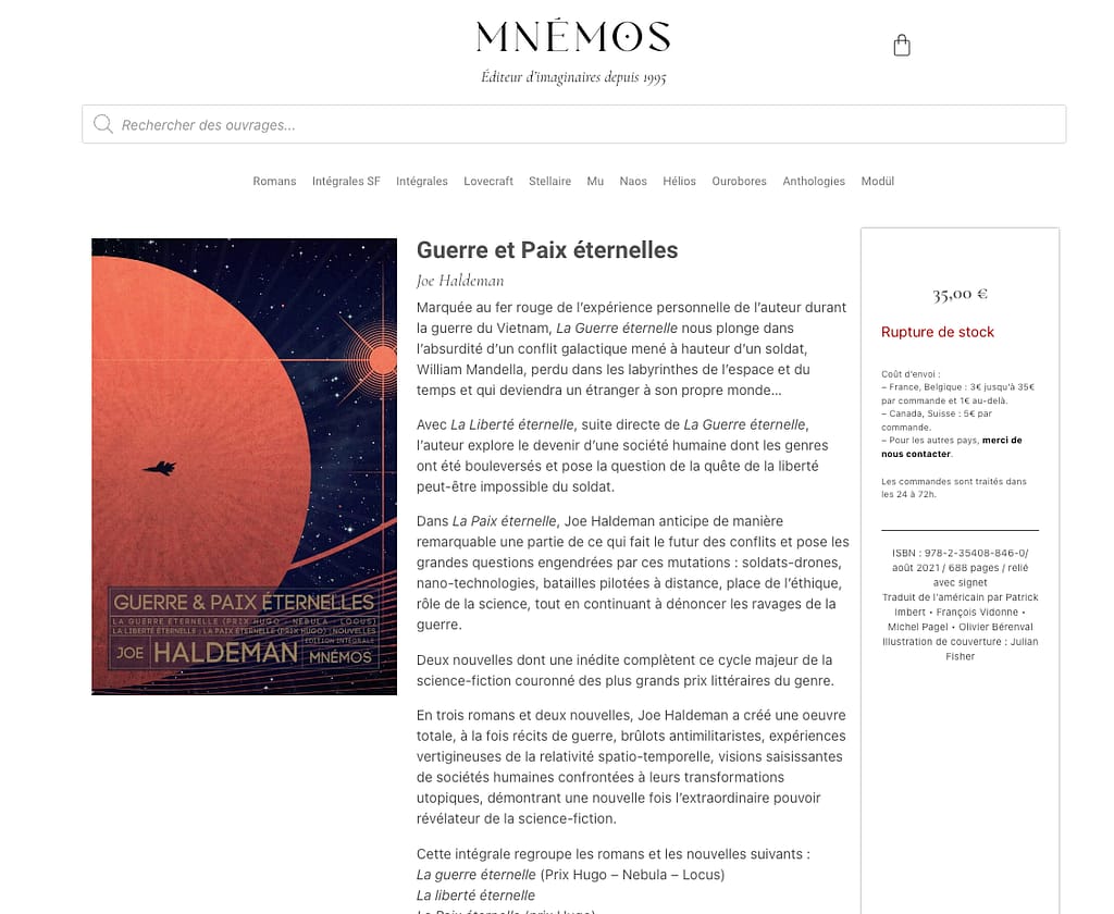 Capture d'écran du site des éditions Mnémos. Lien vers une des sources de l'article