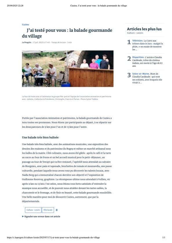 Artcile du progres sur la ballade gourmande organisé par le comité des fêtes de cuzieu auquel c'est associét STory Milcats cette année, en s'instalant sur le chemin de la randonné pour exposé Guillaume Rouvroy et ses dessin et recherche sur l'architecture traditionnelle Bugiste en noir et blanc. Certain passant ont ainsi redecouvert des maisons ou edifice bien connu comme le Chateau de Grammont. Dans le même temps, l'association tenait un stand photo pour réalisé les portraits souvenir des marcheurs gourmands du jour. Artcile du progres sur la ballade gourmande organisé par le comité des fêtes de cuzieu auquel c'est associét STory Milcats cette année, en s'instalant sur le chemin de la randonné pour exposé Guillaume Rouvroy et ses dessin et recherche sur l'architecture traditionnelle Bugiste en noir et blanc. Certain passant ont ainsi redecouvert des maisons ou edifice bien connu comme le Chateau de Grammont. Dans le même temps, l'association tenait un stand photo pour réalisé les portraits souvenir des marcheurs gourmands du jour.